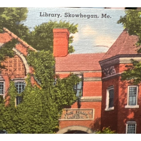 Linen Postcard Library Skowhegan Maine Postmarked Building 1940 Vintage - Picture 2 of 5